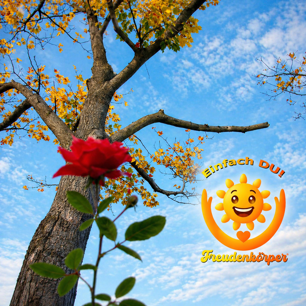 Rote Rose mit Baum und Freudenkörper-Logo
